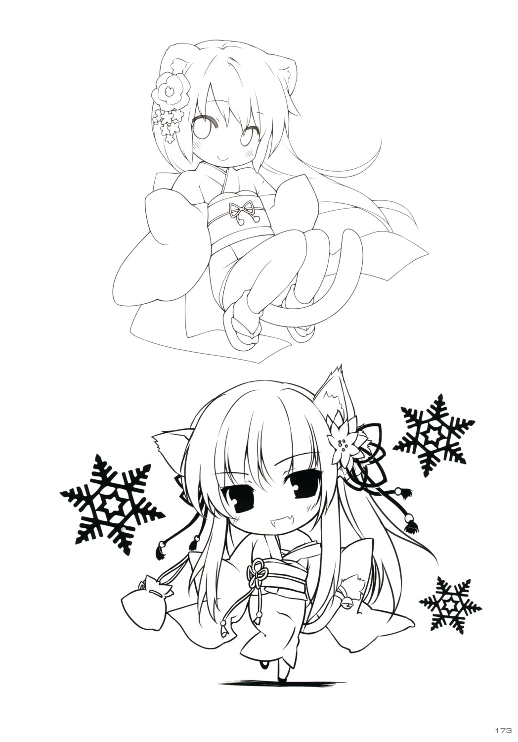 animal_ears chibi gayarou karory line_art open_shirt tail yukata