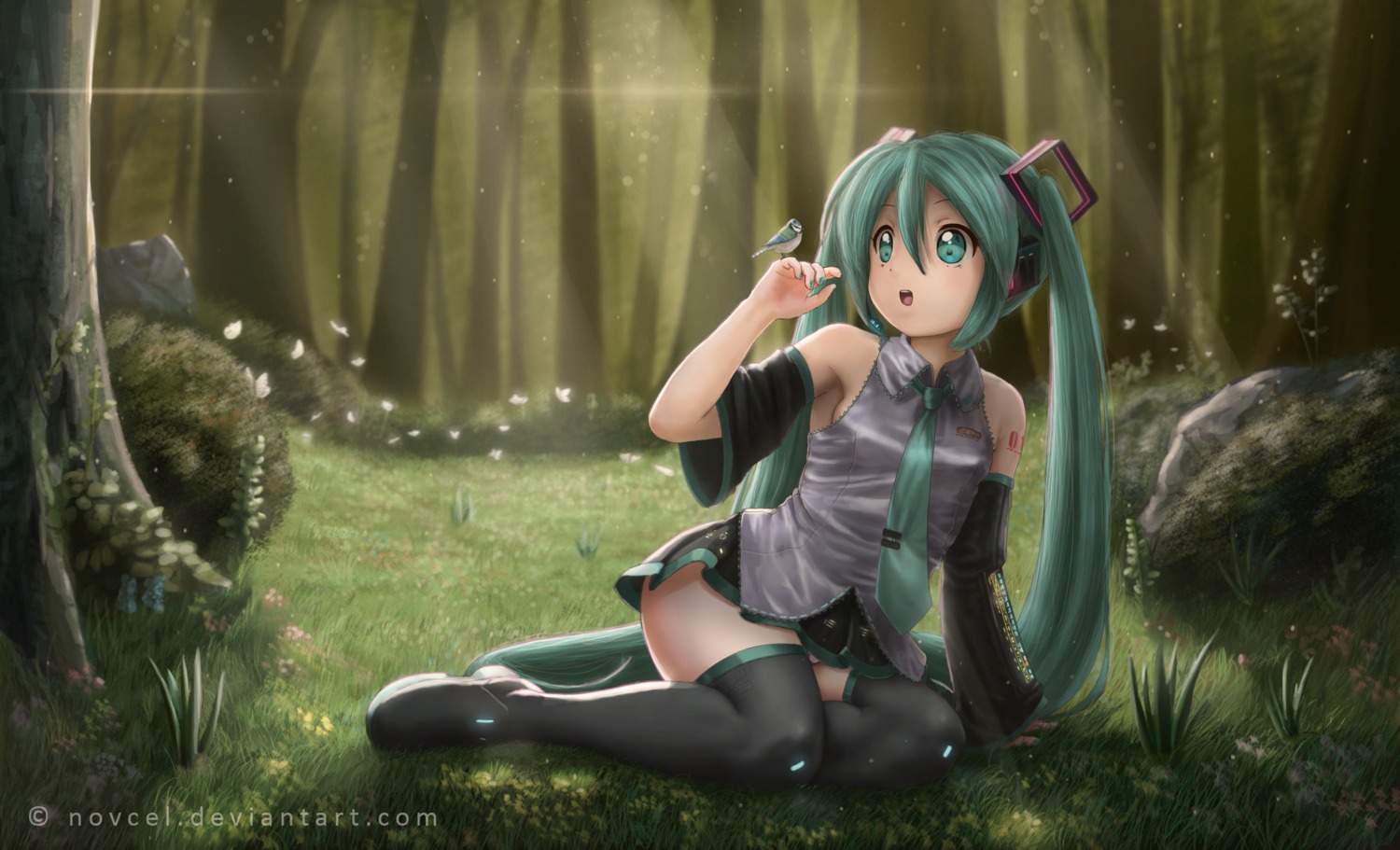 hatsune_miku headphones novcel official_watermark pantsu tattoo thighhighs vocaloid