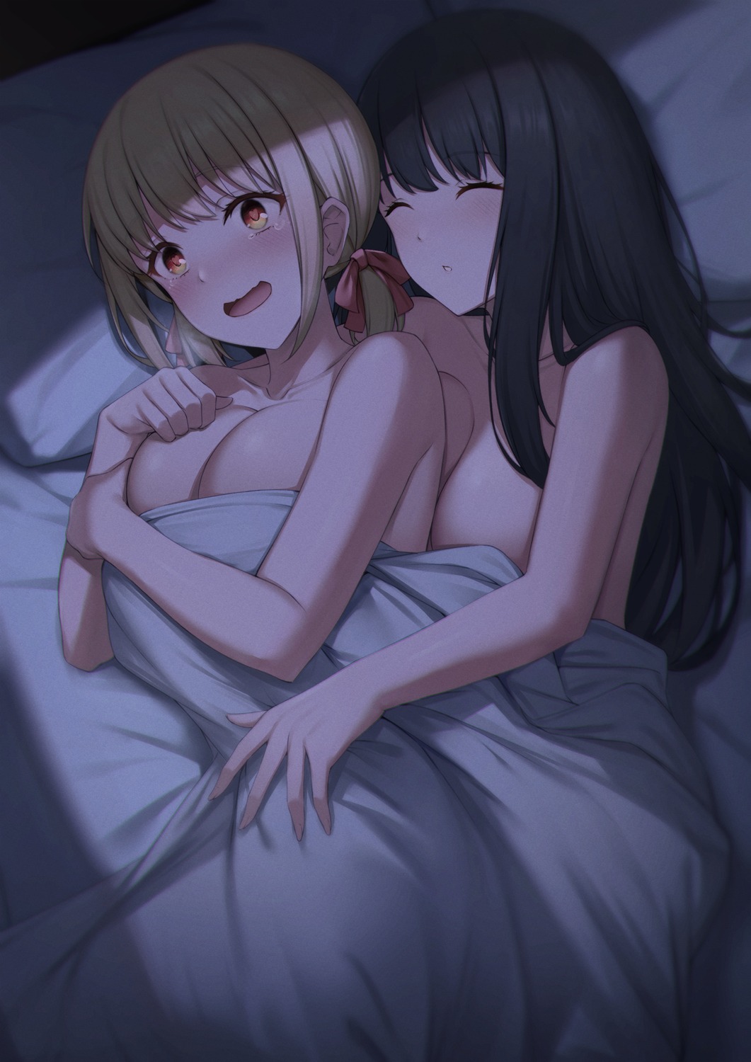 fou_zi inoue_takina lycoris_recoil nishikigi_chisato sheets topless yuri