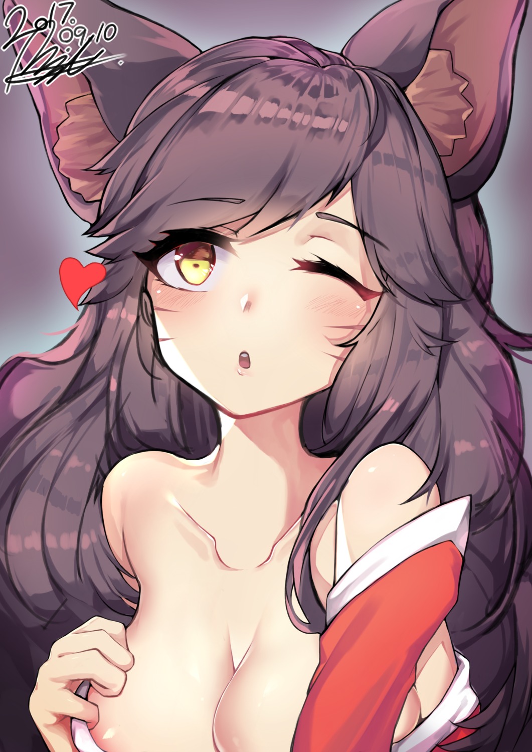 ahri animal_ears autographed bil-ajeossi breast_hold league_of_legends no_bra