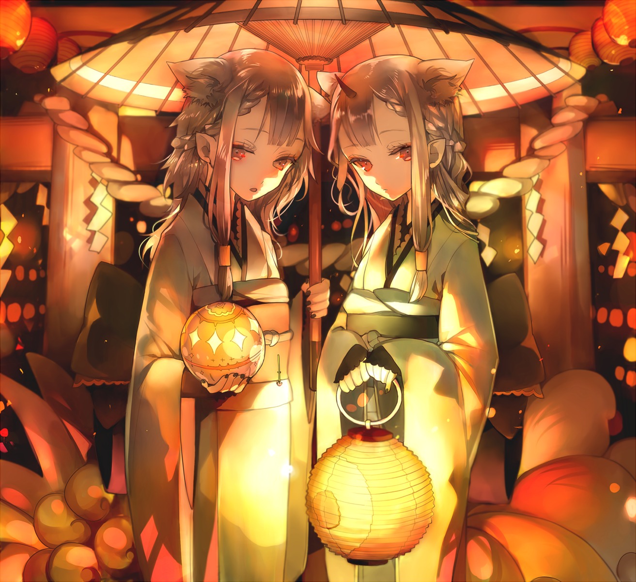 animal_ears ayatoki-1 horns kimono umbrella