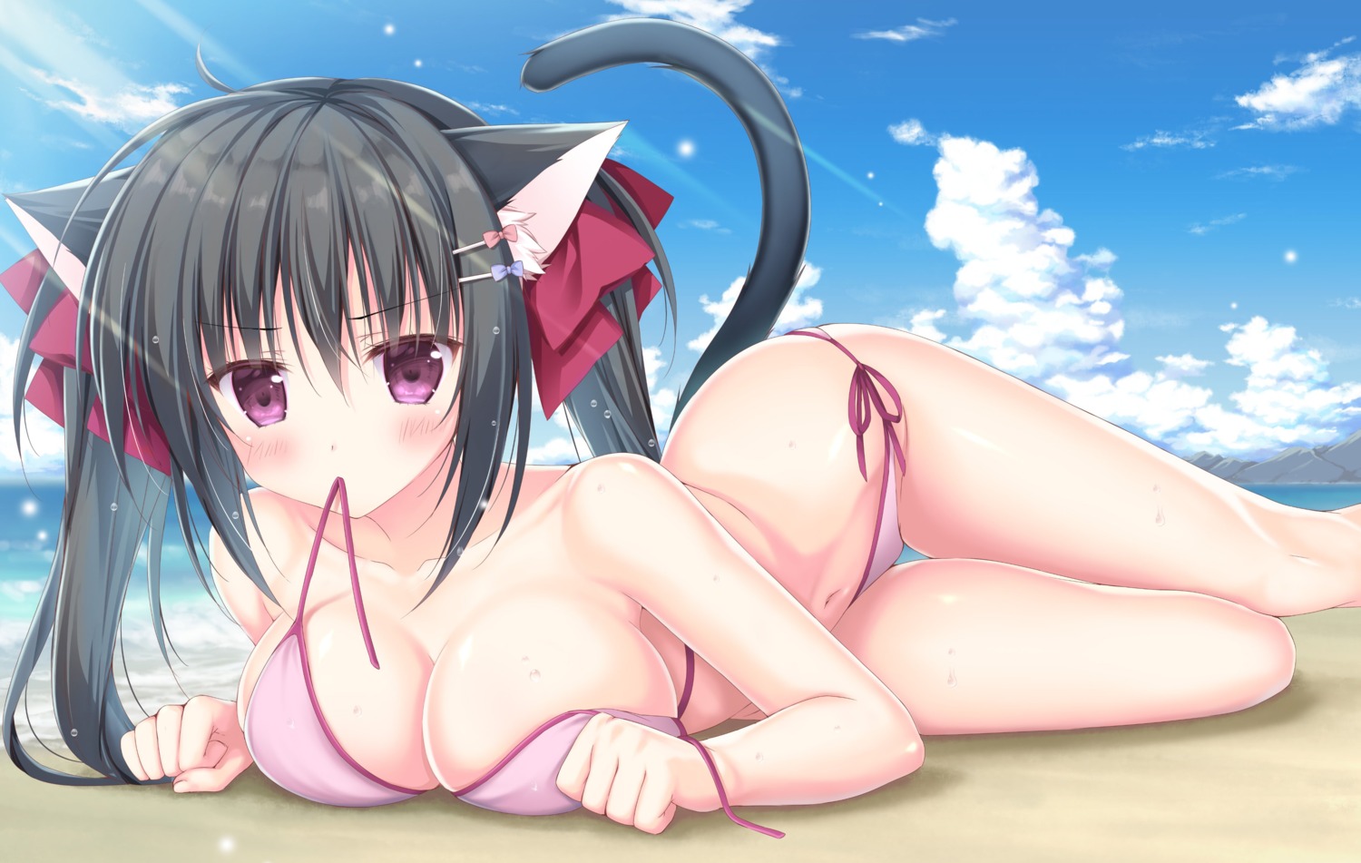 animal_ears bikini korie_riko nekomimi swimsuits tail undressing wardrobe_malfunction