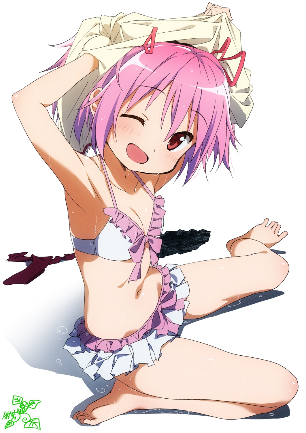 bikini cleavage feet kaname_madoka loli makicha puella_magi_madoka_magica shirt_lift swimsuits undressing wet