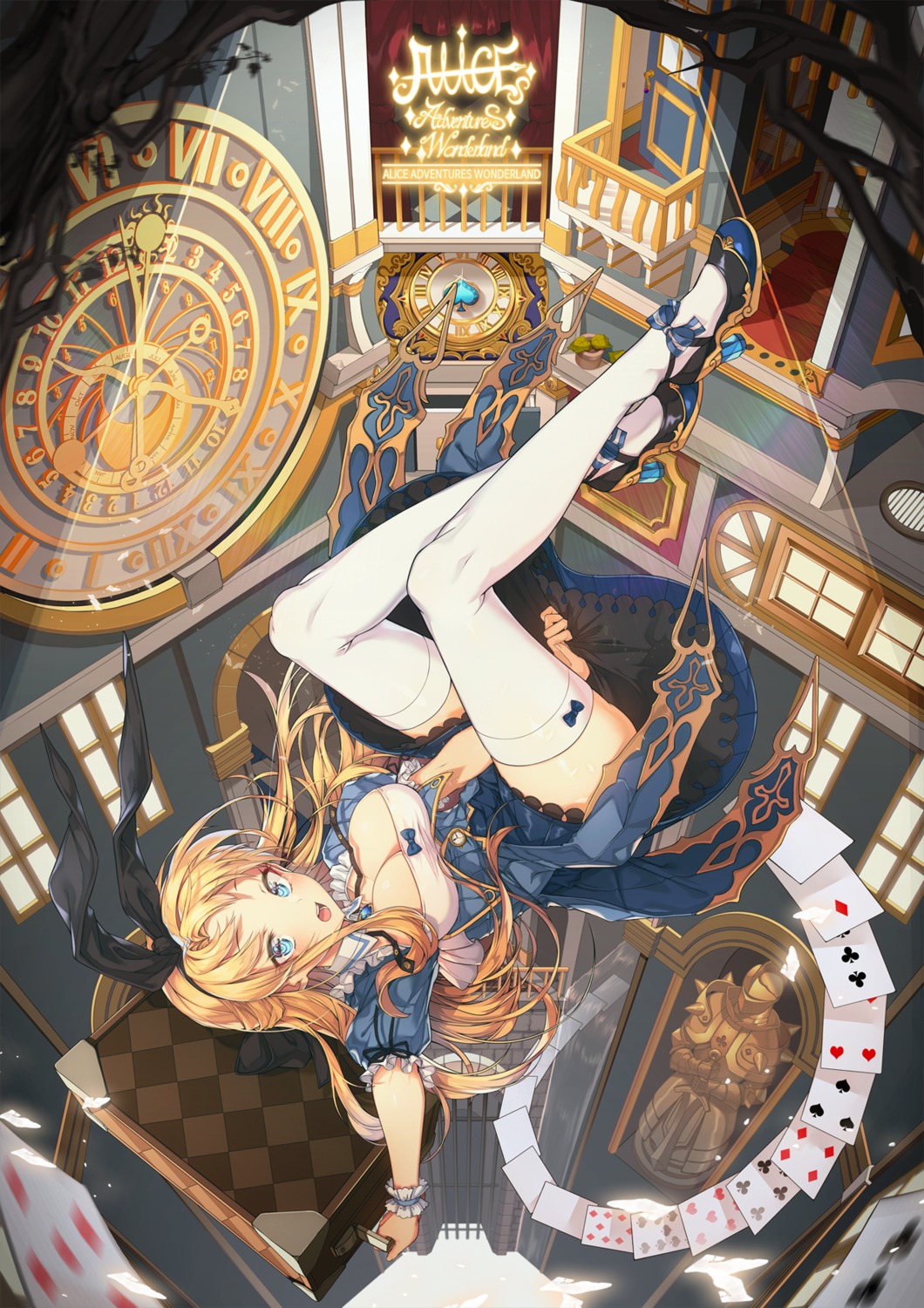 alice alice_in_wonderland dress heels kinos_(kw00789) no_bra skirt_lift thighhighs