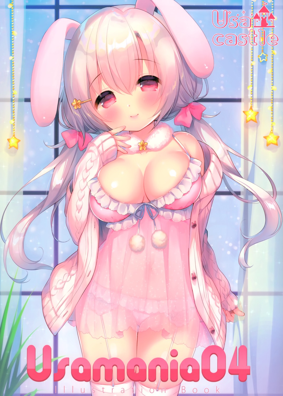 animal_ears bunny_ears cleavage lingerie loli pantsu see_through stockings sweater thighhighs usacastle usashiro_mani