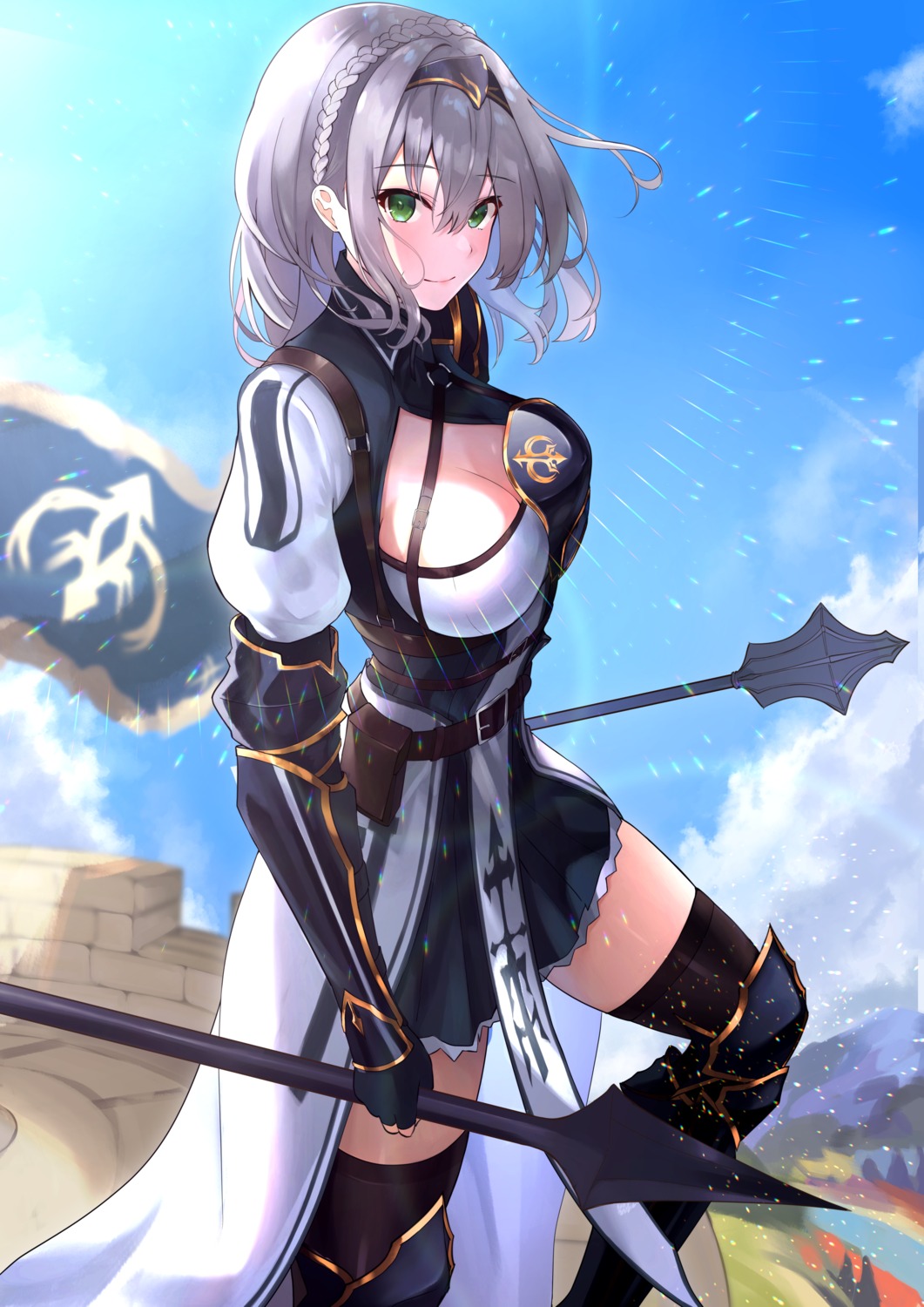 armor hololive shiina_aoi shirogane_noel thighhighs weapon