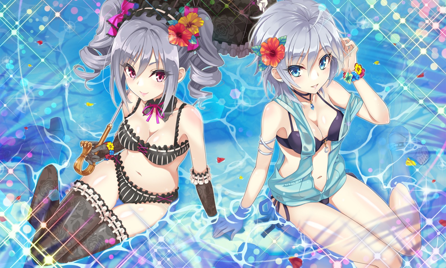 anastasia_(idolm@ster) bikini cleavage gothic_lolita heels kanzaki_ranko lolita_fashion open_shirt see_through swimsuits the_idolm@ster the_idolm@ster_cinderella_girls the_idolm@ster_cinderella_girls_starlight_stage thighhighs umbrella urabi wet