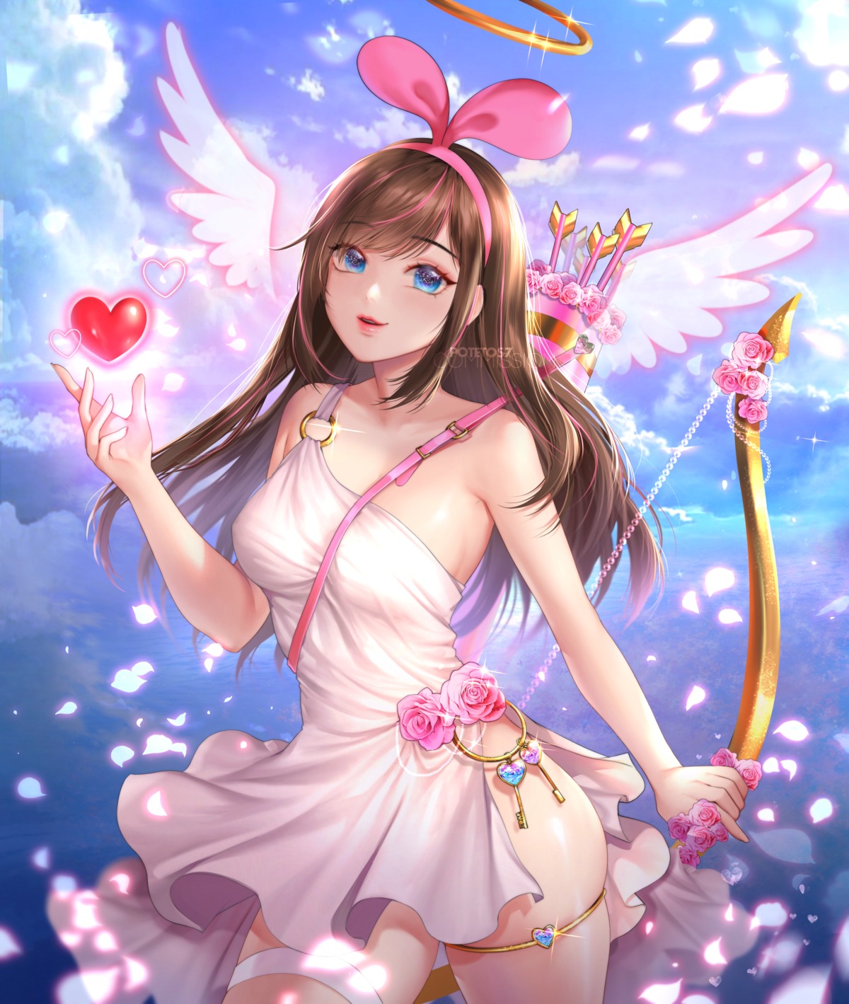 a.i._channel angel dress garter kizuna_ai no_bra nopan potetos7 weapon wings