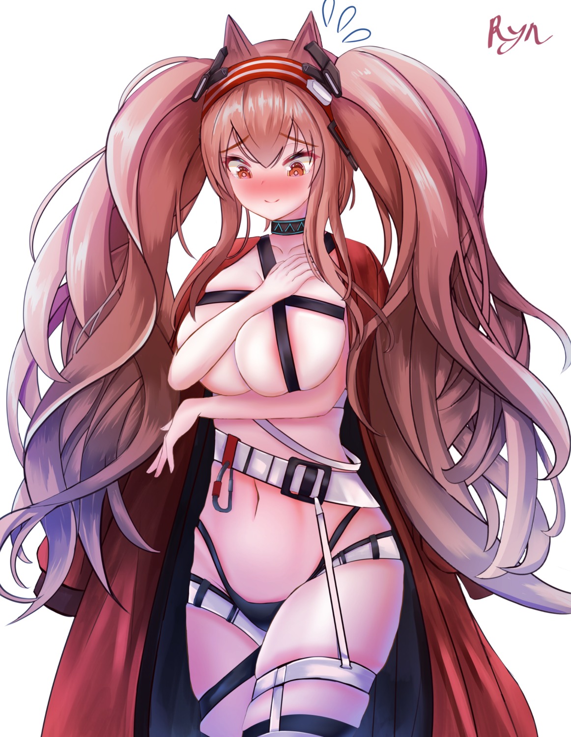 angelina_(arknights) areola arknights breast_hold garter no_bra open_shirt pantsu rino_rea stockings thighhighs