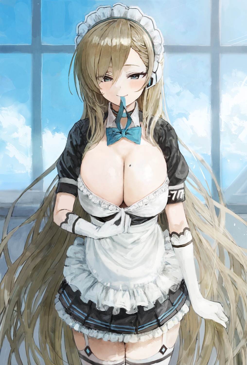 blue_archive ichinose_asuna maid no_bra sonchi stockings thighhighs undressing