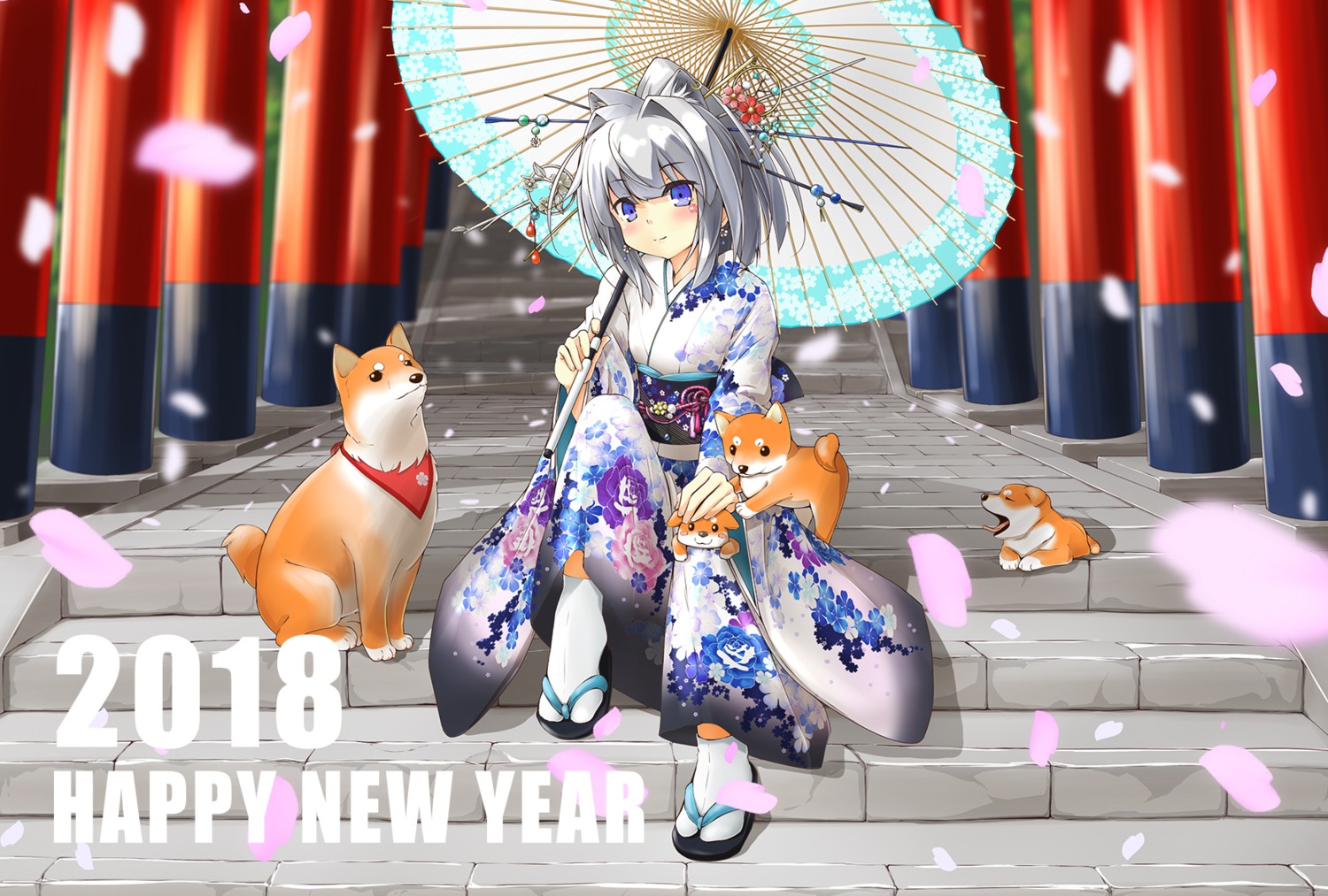 animal_ears kaeru_neko kimono umbrella