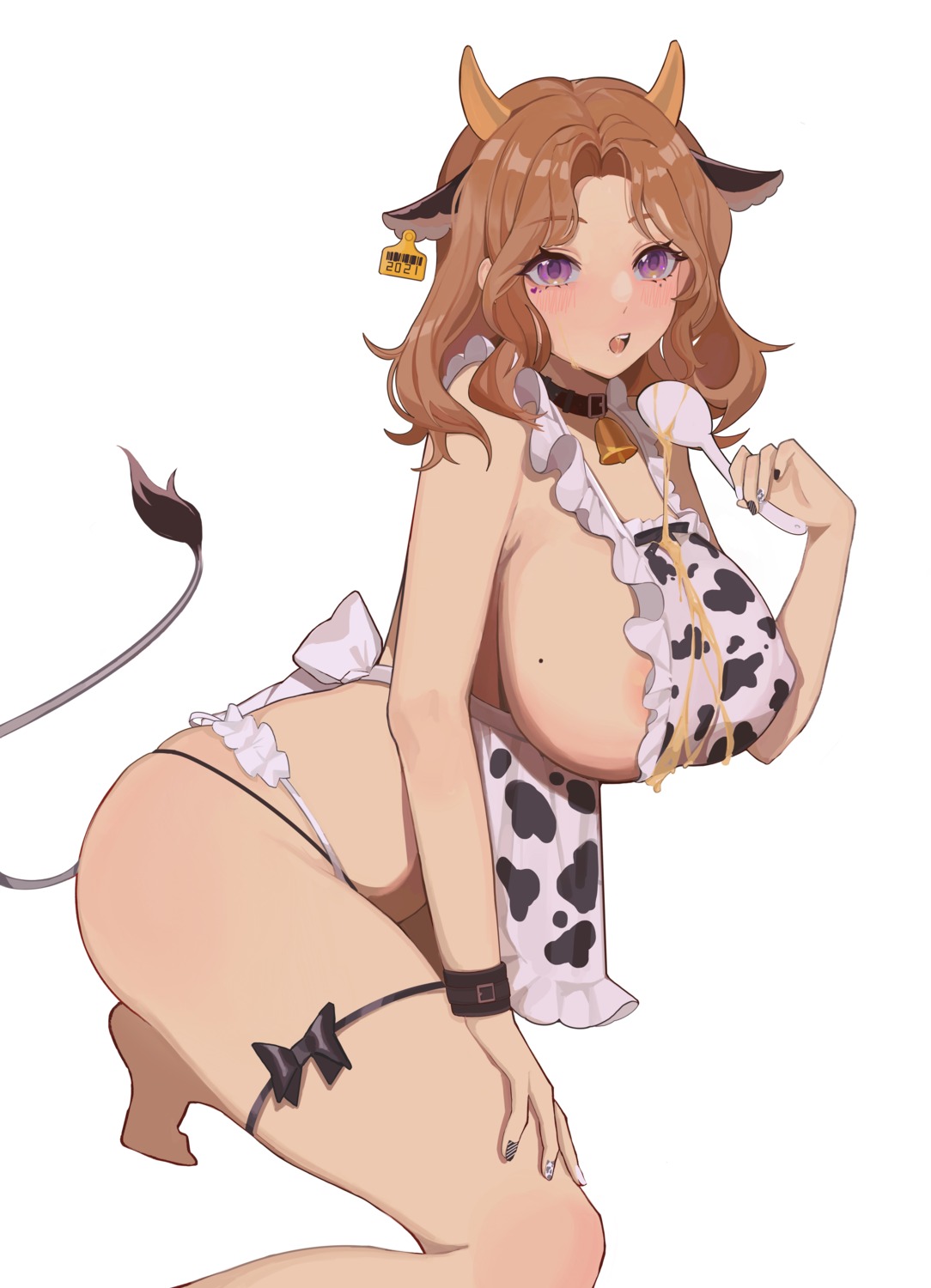 animal_ears garter horns jintianhuahualema naked_apron pantsu tail thong