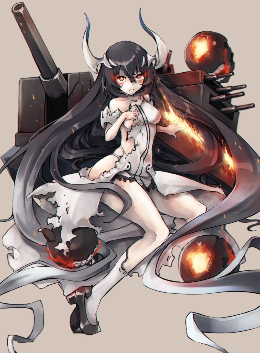 anchorage_water_oni breast_hold dress heels horns kajaneko kantai_collection no_bra torn_clothes