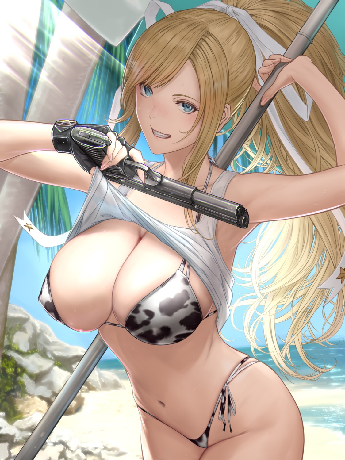 bikini erect_nipples gun shirt_lift shisshou_senkoku swimsuits undressing