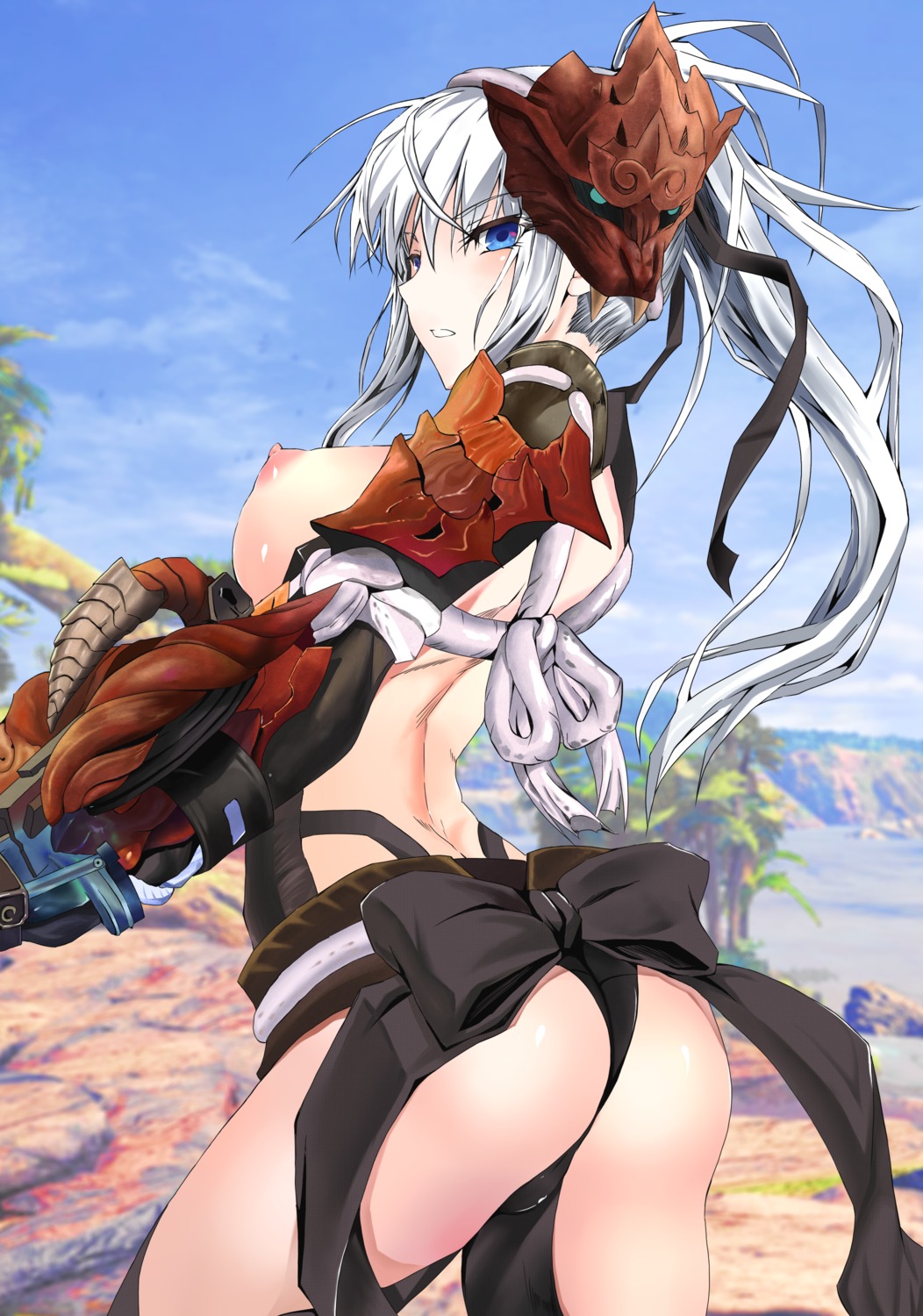 armor ass breasts fury_(leo) monster_hunter nipples no_bra pantsu thighhighs thong weapon