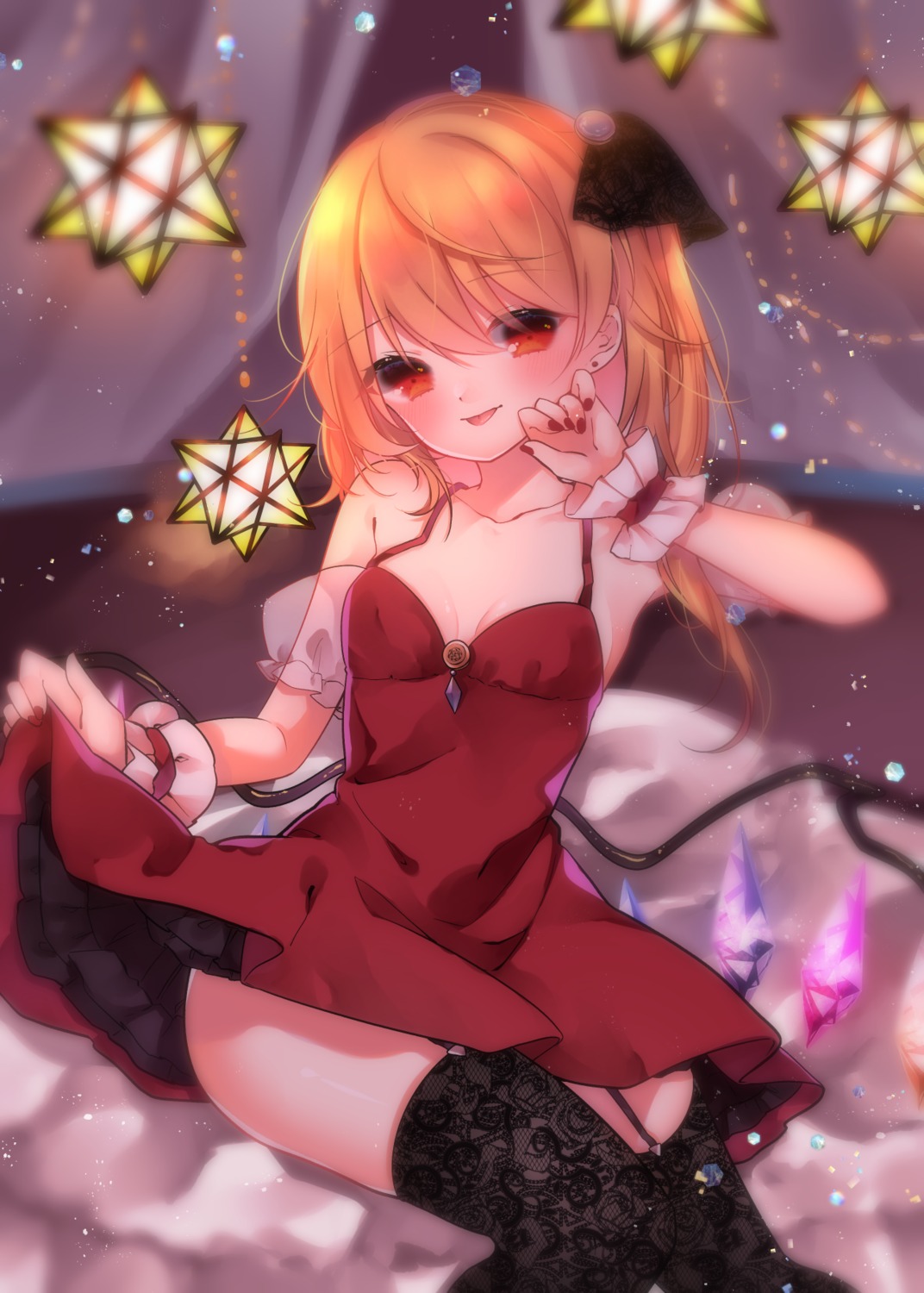dress flandre_scarlet no_bra skirt_lift stockings tagme thighhighs touhou wings