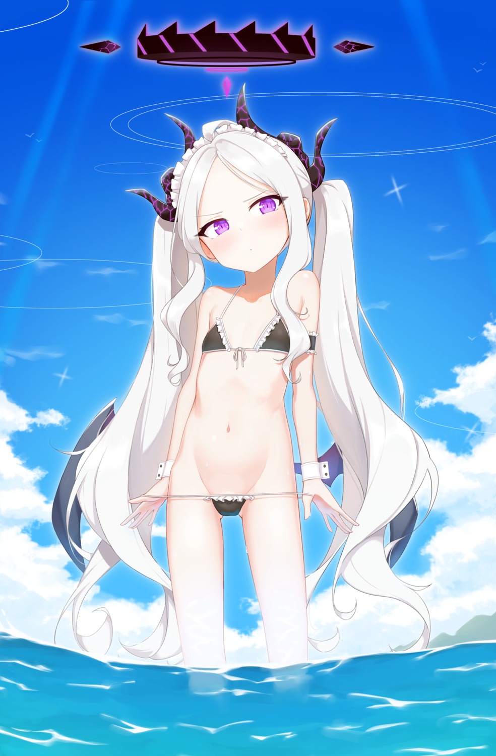 bikini blue_archive devil halo horns loli panty_pull ribbonsnek sorasaki_hina swimsuits undressing wet wings