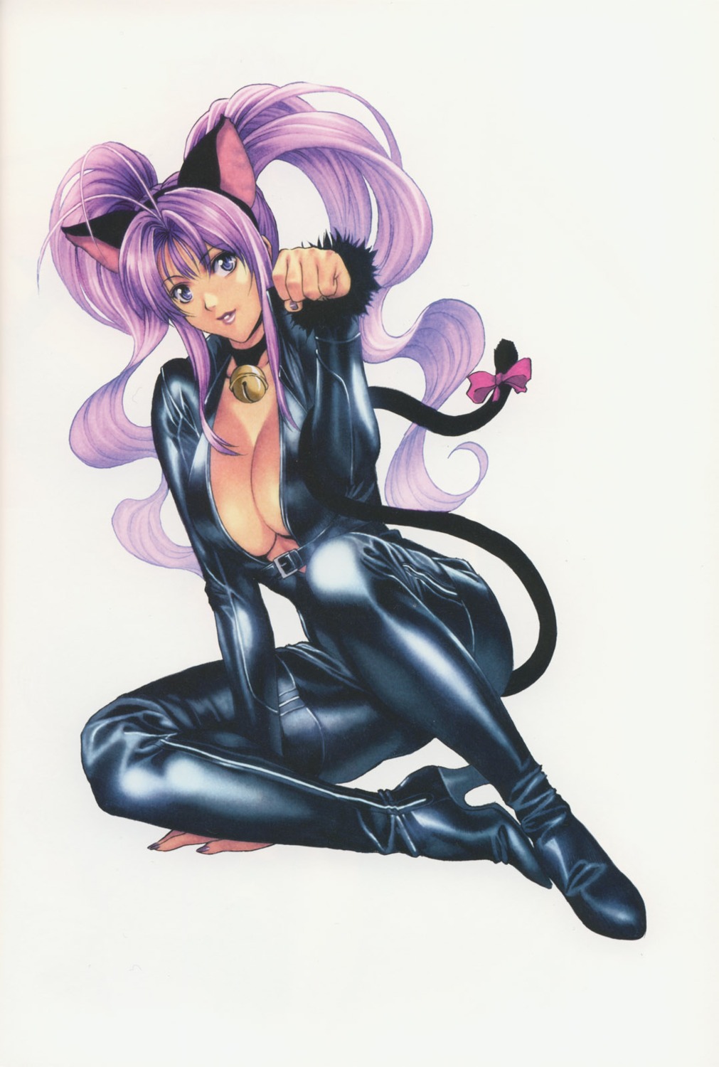 animal_ears bodysuit cleavage heels homare homare_dou nekomimi open_shirt tail