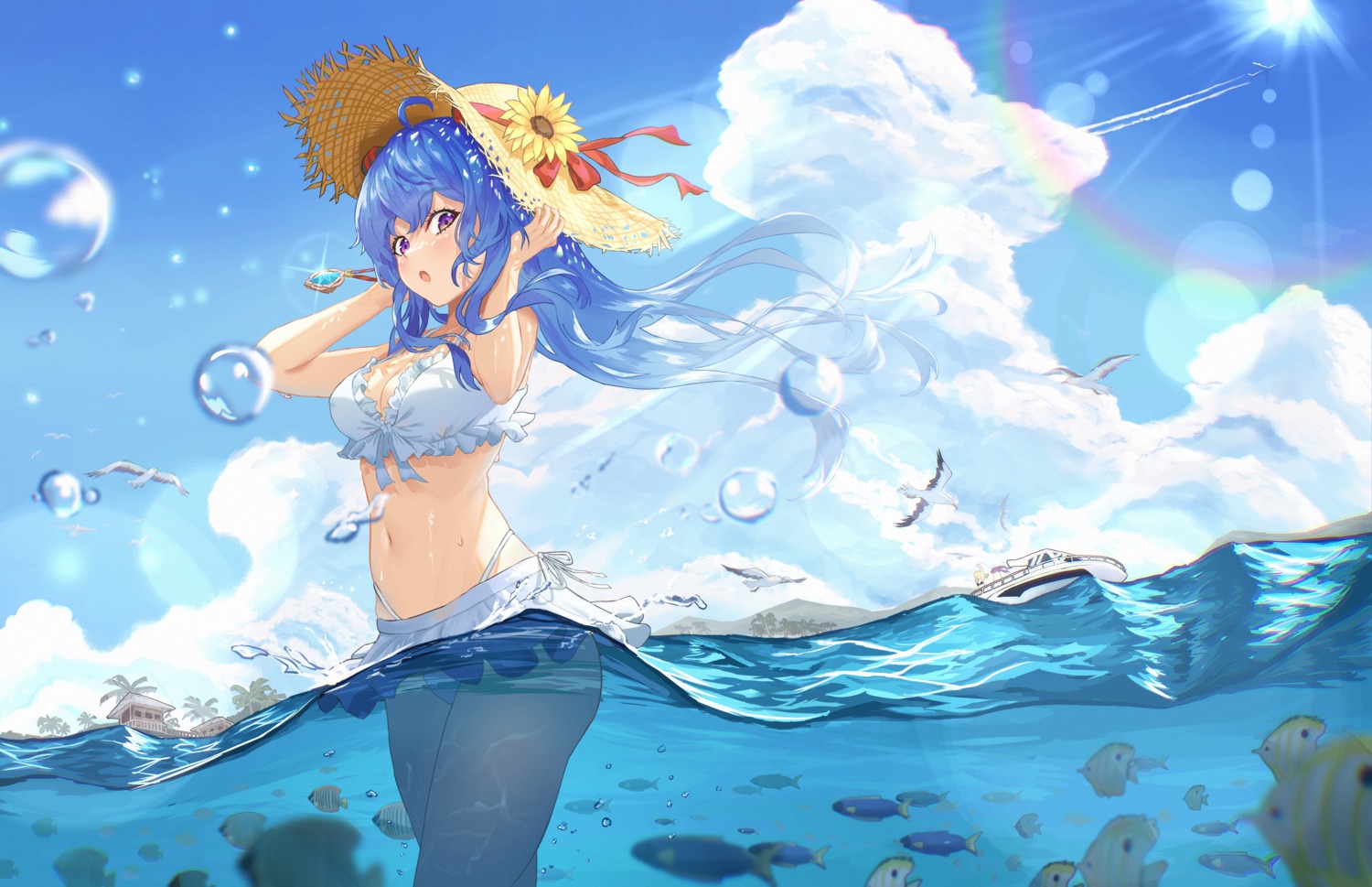 ayloss bikini cleavage ganyu genshin_impact horns landscape skirt_lift swimsuits wet