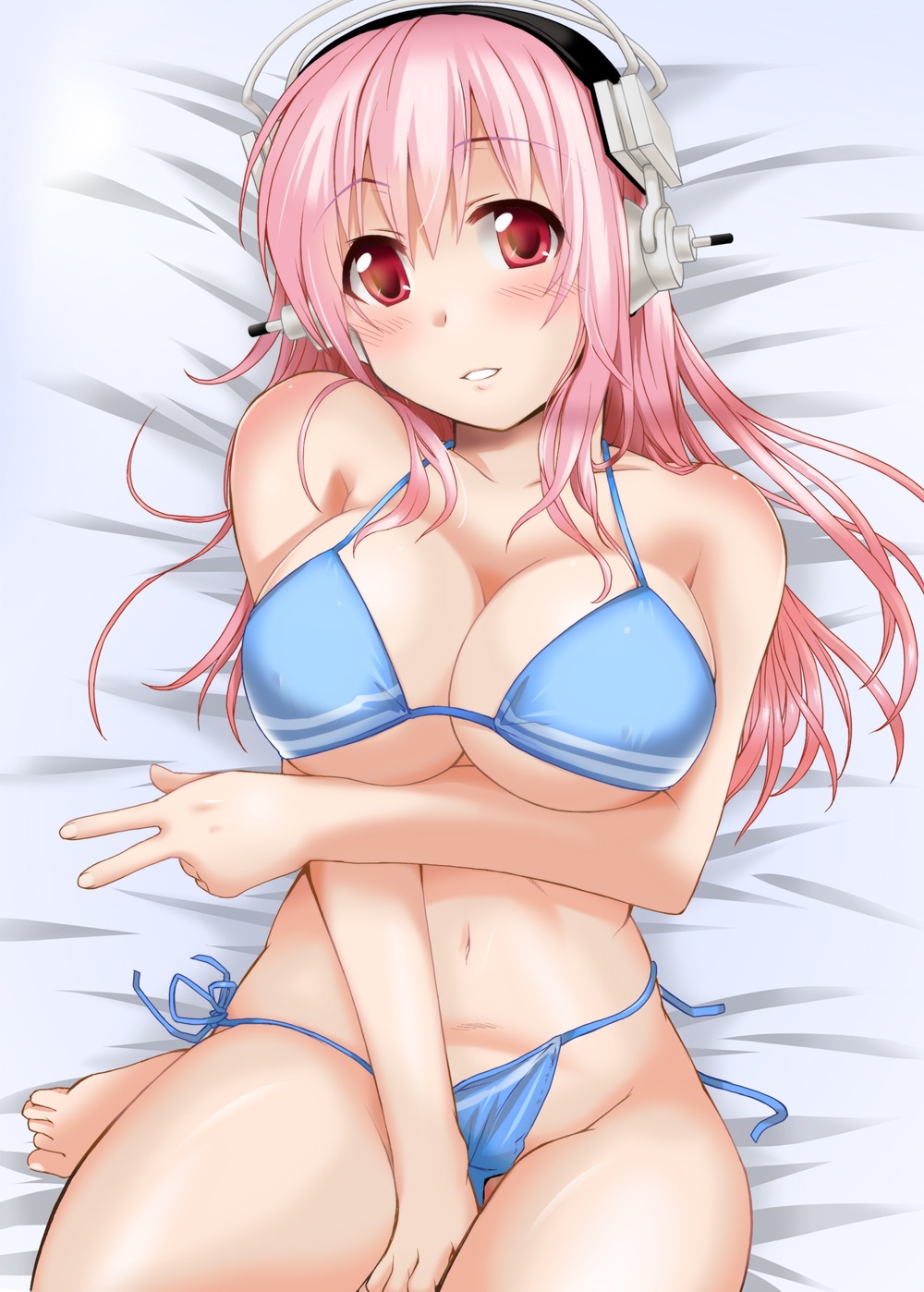 bikini breast_hold cleavage headphones sin107 sonico super_sonico swimsuits underboob