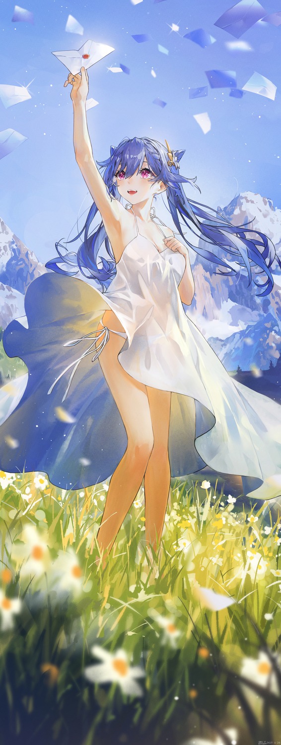 dress genshin_impact keqing no_bra pantsu see_through skirt_lift string_panties summer_dress swkl:d