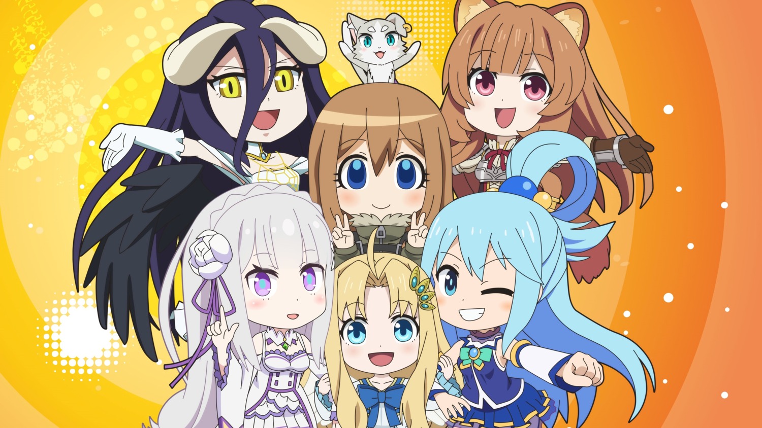 albedo_(overlord) animal_ears aqua_(konosuba) armor chibi dress emilia_(re_zero) firo horns isekai_quartet kono_subarashii_sekai_ni_shukufuku_wo! neko overlord pack_(re_zero) raphtalia re_zero_kara_hajimeru_isekai_seikatsu tate_no_yuusha_no_nariagari uniform viktoriya_ivanovna_serebryakov wallpaper youjo_senki