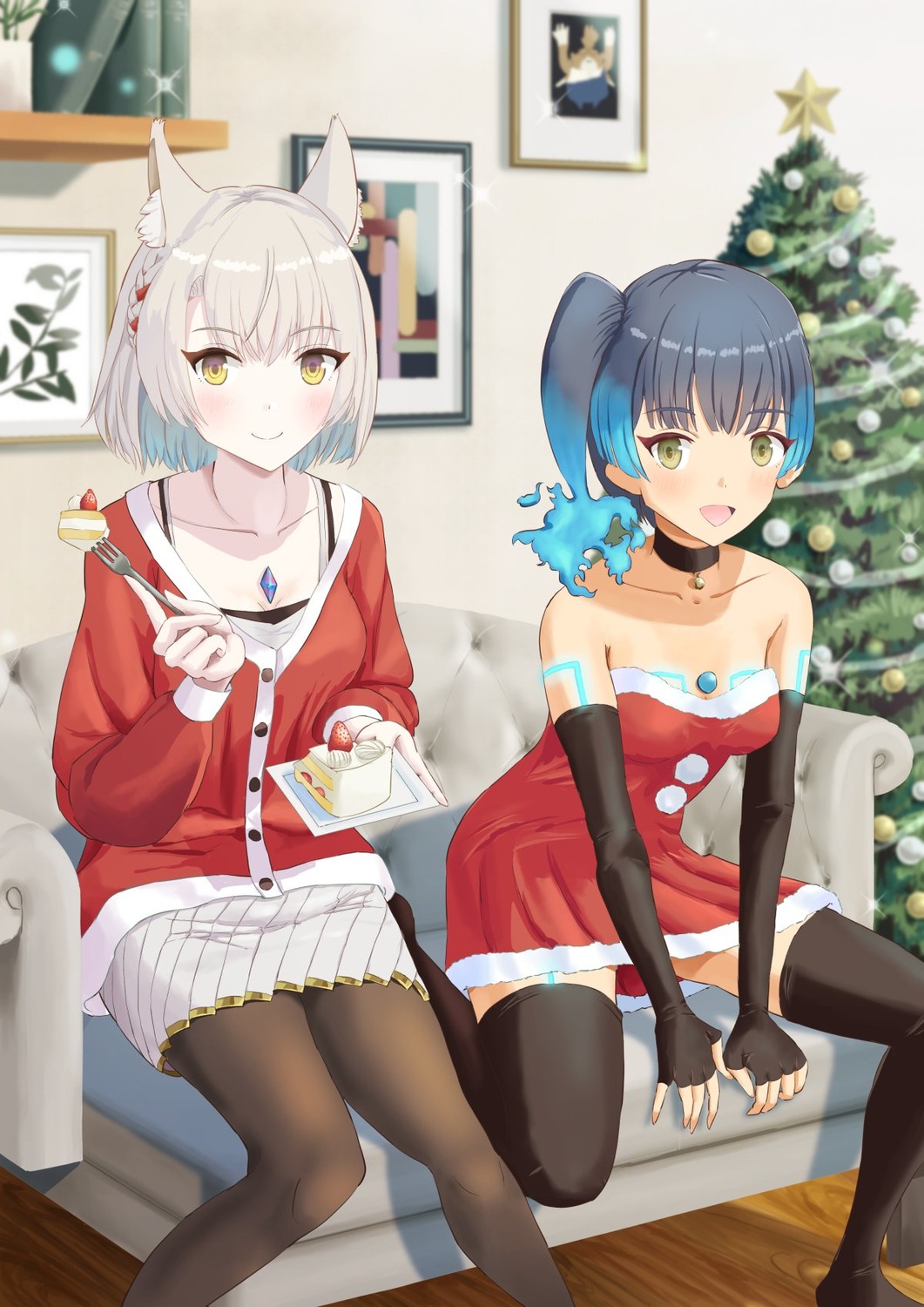 animal_ears christmas mio_(xenoblade_3) nekomimi no_bra sawayakakatsud_(gutei3) sena_(xenoblade_3) skirt_lift tattoo thighhighs xenoblade_(series) xenoblade_3