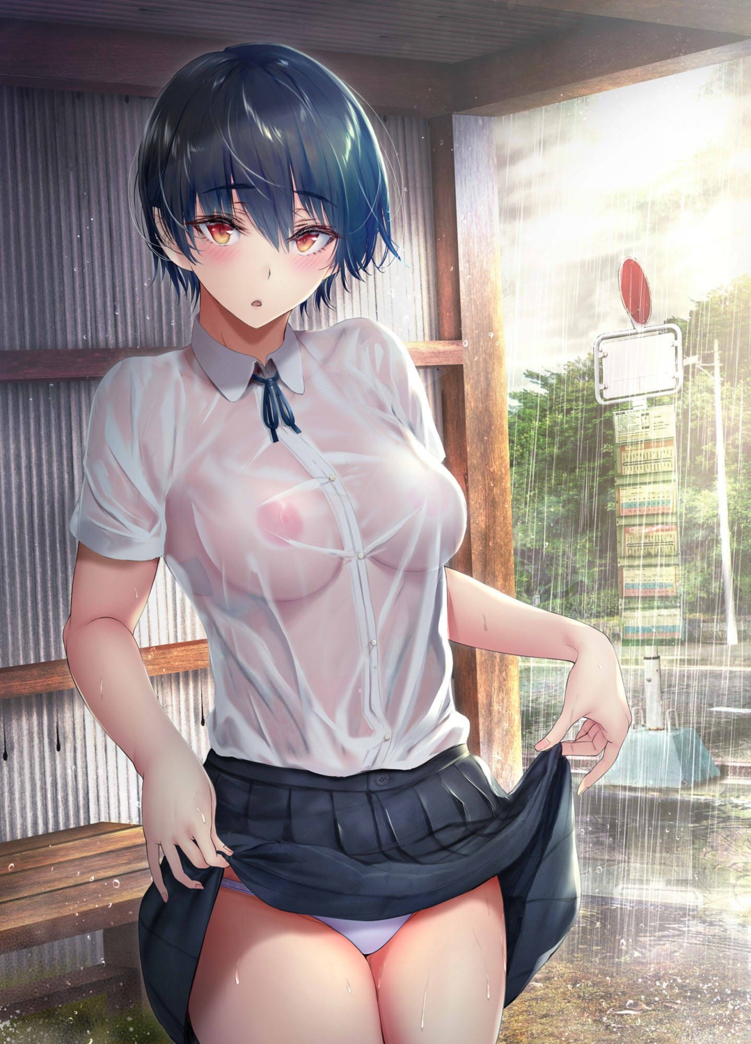 gentsuki nipples no_bra pantsu photoshop see_through seifuku skirt_lift wet wet_clothes