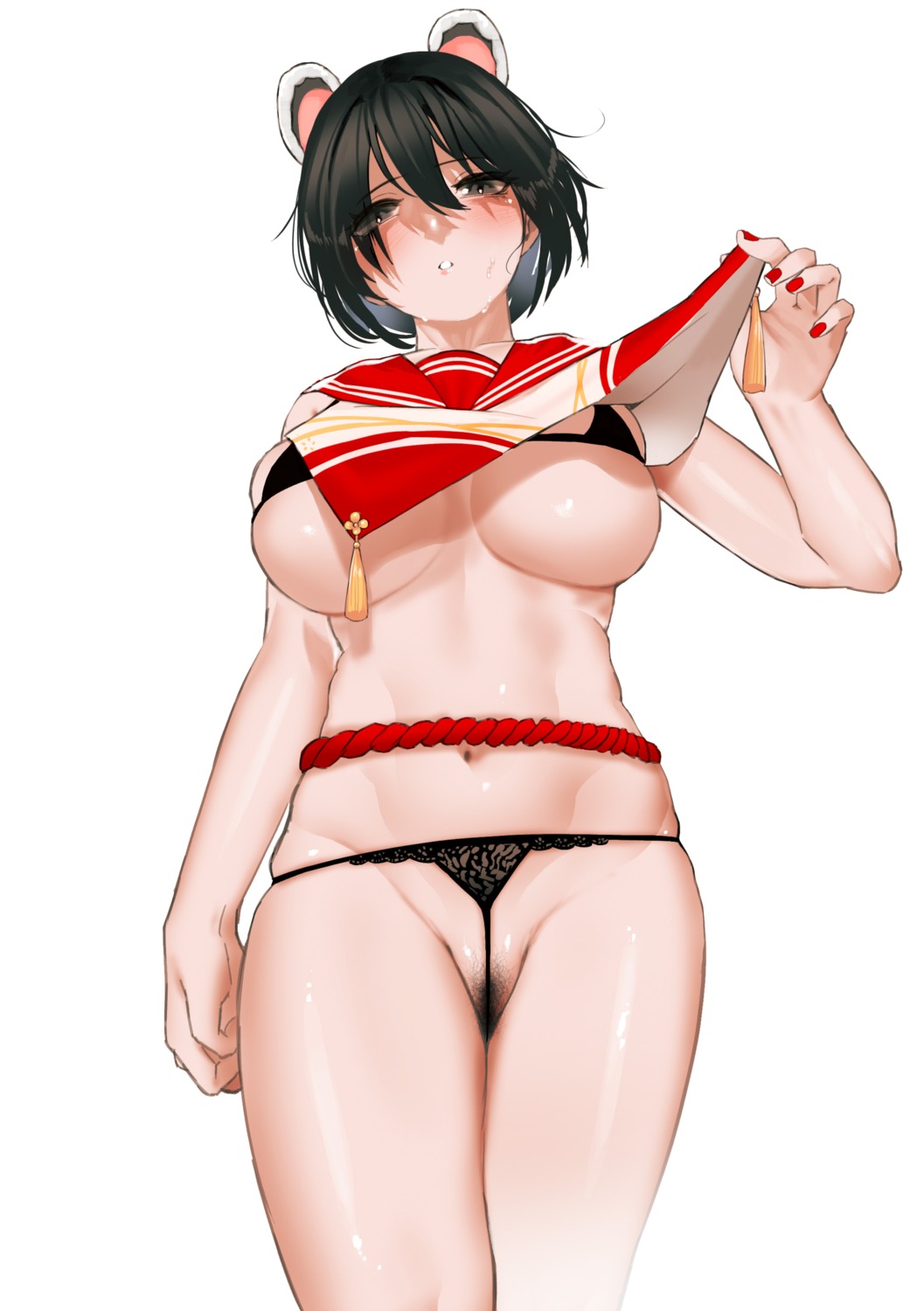 animal_ears bangbang blue_archive bra kasuga_tsubaki pantsu pubic_hair shirt_lift thong undressing