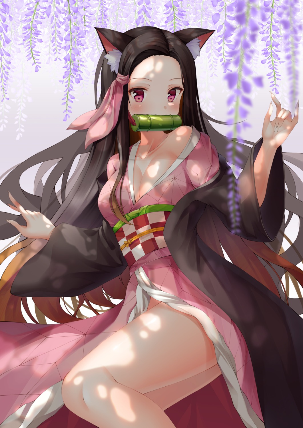 animal_ears cleavage japanese_clothes kamado_nezuko kimetsu_no_yaiba kotomaru_(sirouko9511) nekomimi no_bra open_shirt