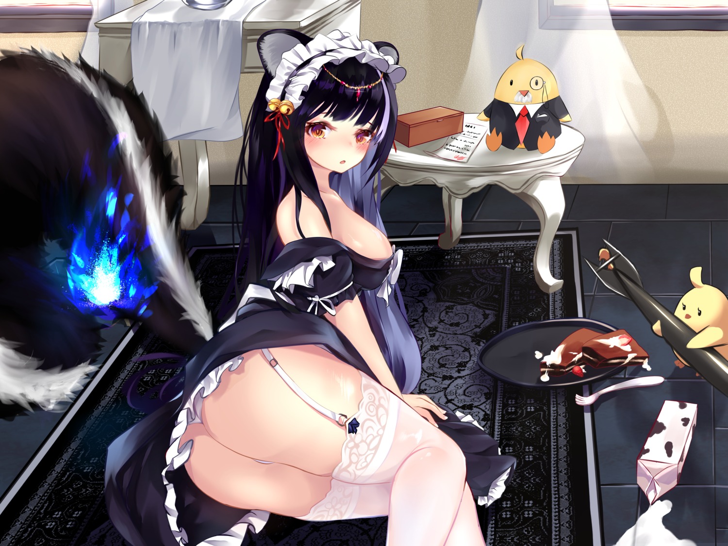 animal_ears ass azur_lane maid manjuu_(azur_lane) naganami_(azur_lane) nekodama2000 no_bra pantsu skirt_lift stockings tail thighhighs thong