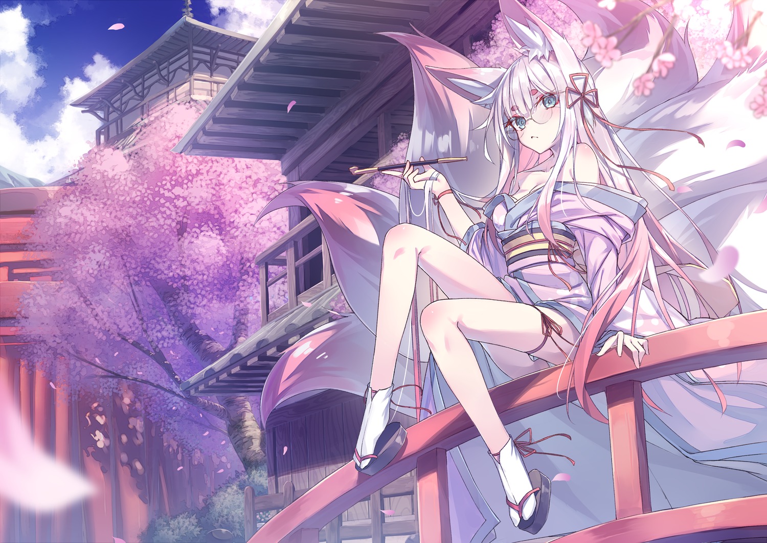 animal_ears garter japanese_clothes kitsune megane no_bra open_shirt pantsu shiro_youzuki skirt_lift smoking tail