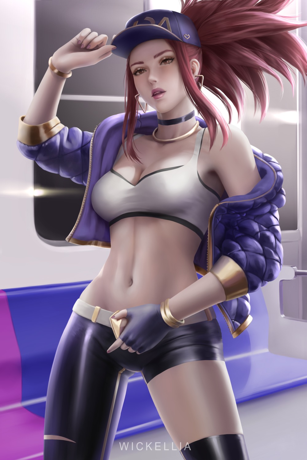 akali cleavage league_of_legends open_shirt thighhighs torn_clothes wickellia
