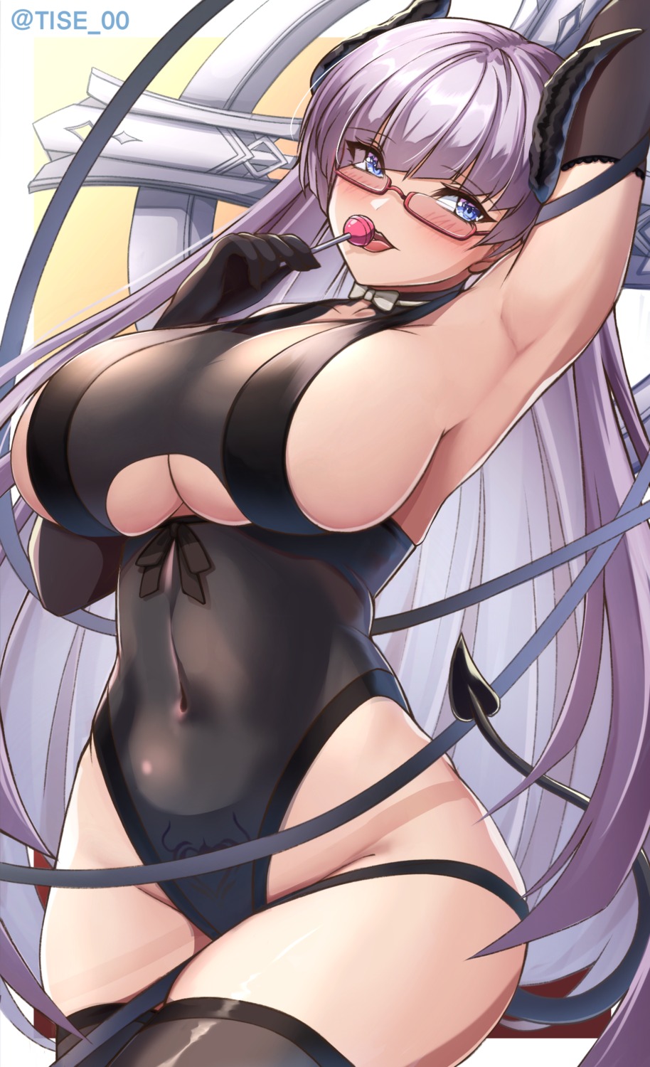 azur_lane erect_nipples gneisenau_(azur_lane) horns leotard megane no_bra oserotto tail thighhighs