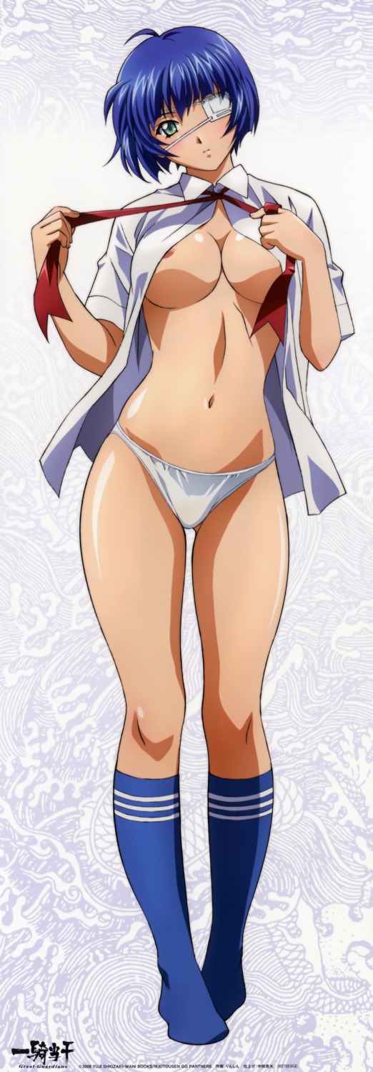 areola cleavage eyepatch ikkitousen ikkitousen~great_guardians~ no_bra open_shirt pantsu rin_sin ryomou_shimei seifuku stick_poster undressing