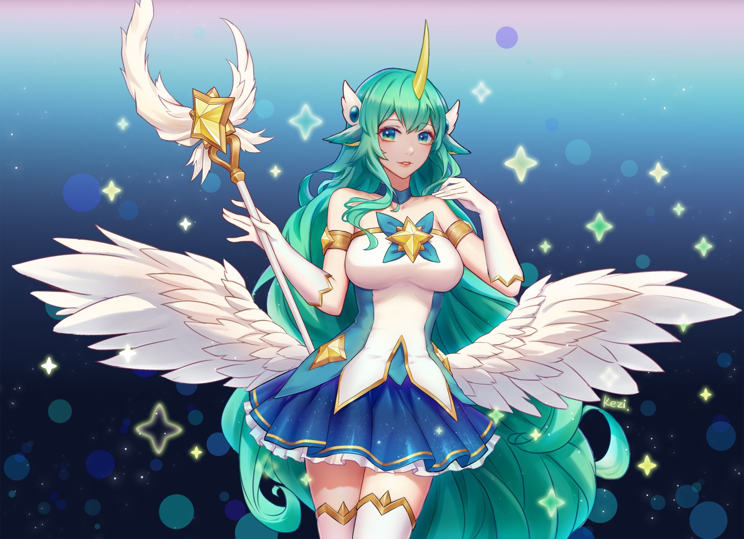 animal_ears horns kezi league_of_legends soraka thighhighs weapon wings