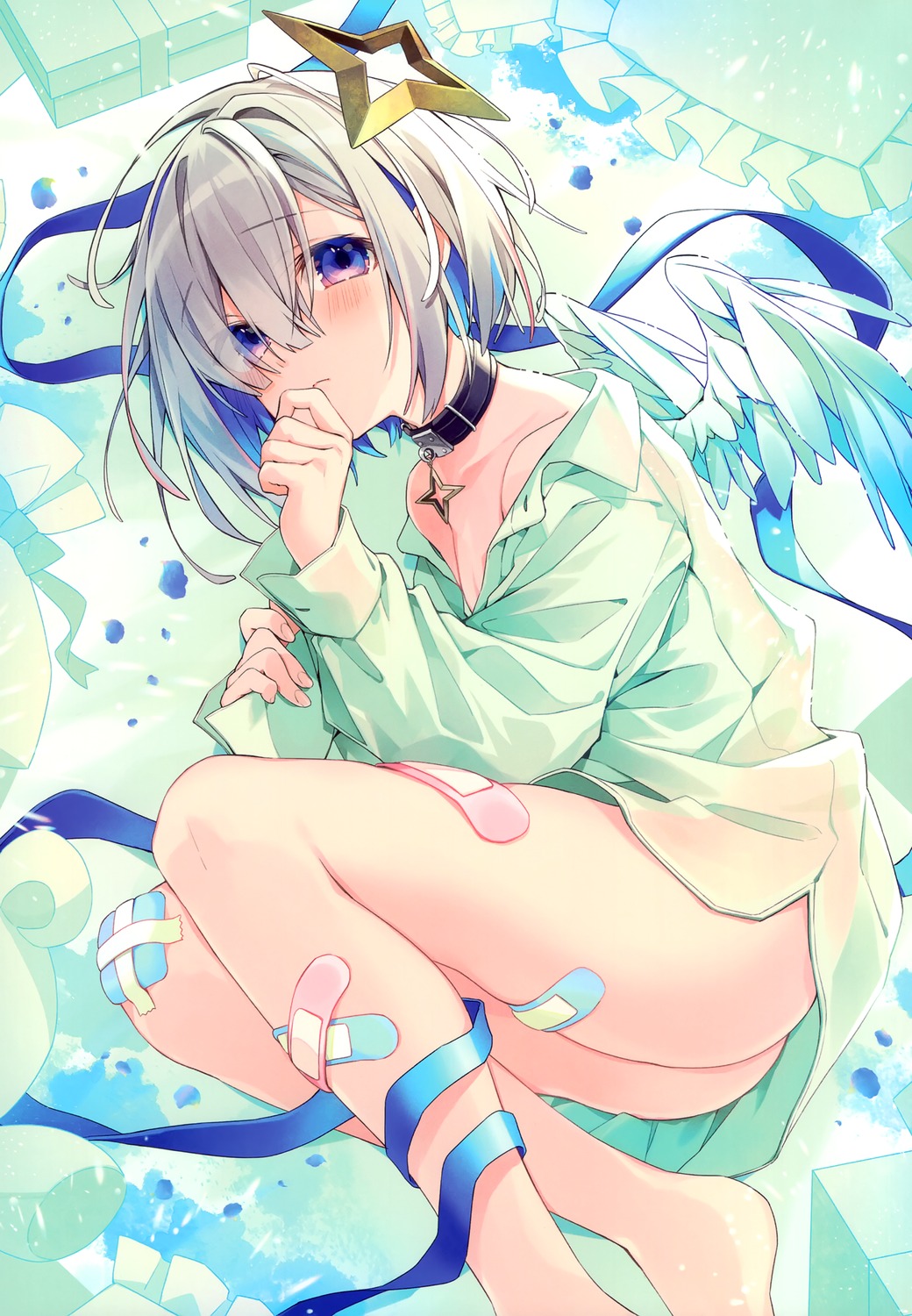 amane_kanata angel bandaid bottomless dress_shirt hololive no_bra open_shirt oshioshio oshioshio_(circle) see_through wings