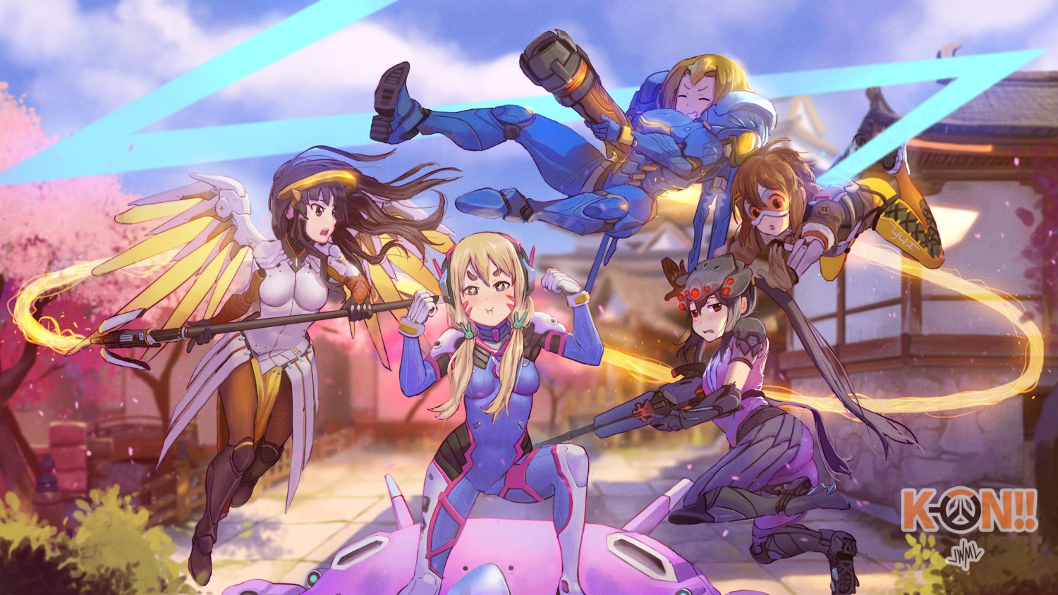 akiyama_mio ass bodysuit cosplay d.va gun headphones hirasawa_yui k-on! kotobuki_tsumugi mercy_(overwatch) nakano_azusa overwatch pharah steamy_tomato tainaka_ritsu tracer wallpaper weapon widowmaker wings