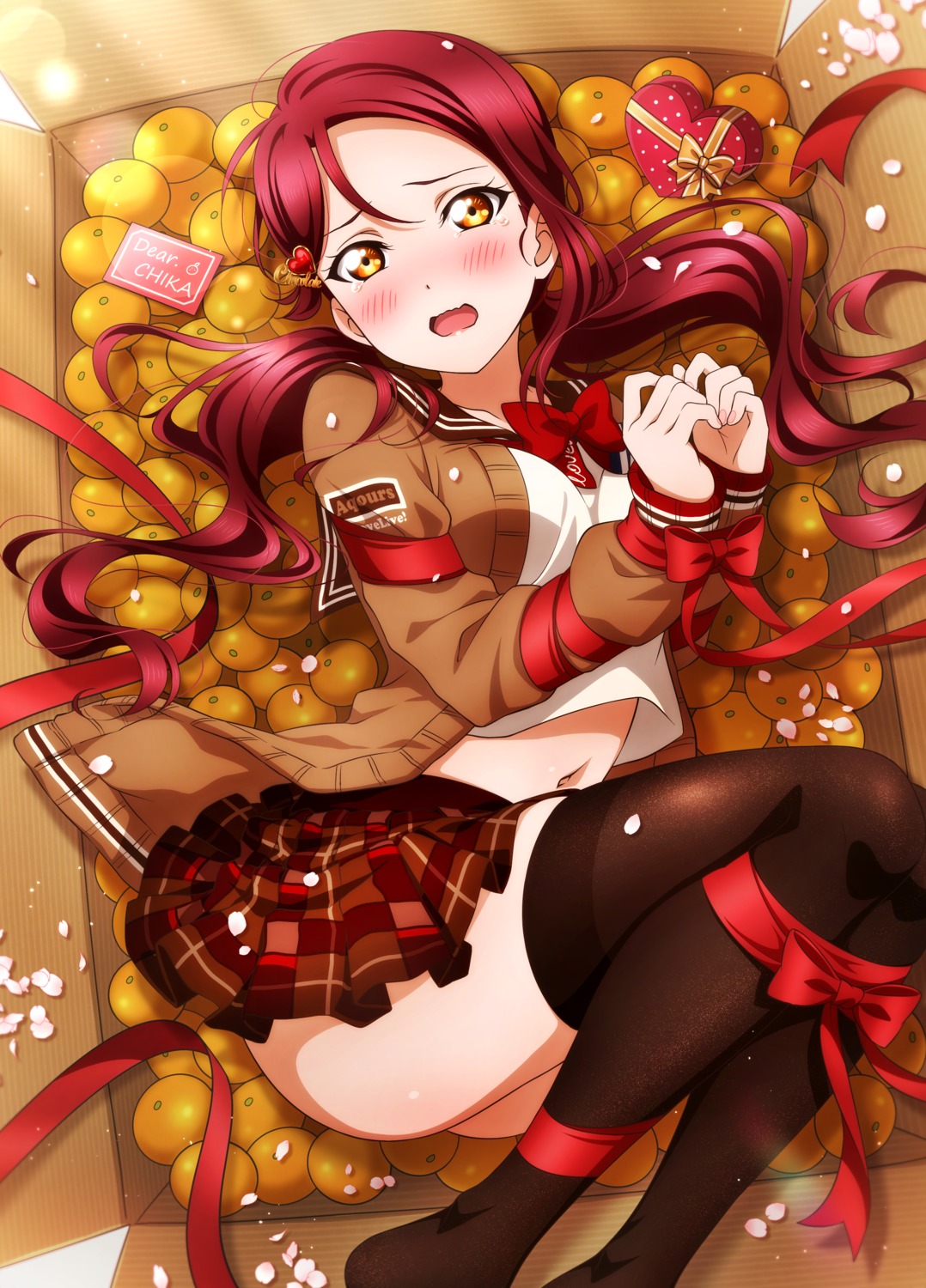 bondage kougi_hiroshi love_live!_sunshine!! sakurauchi_riko seifuku skirt_lift sweater thighhighs valentine