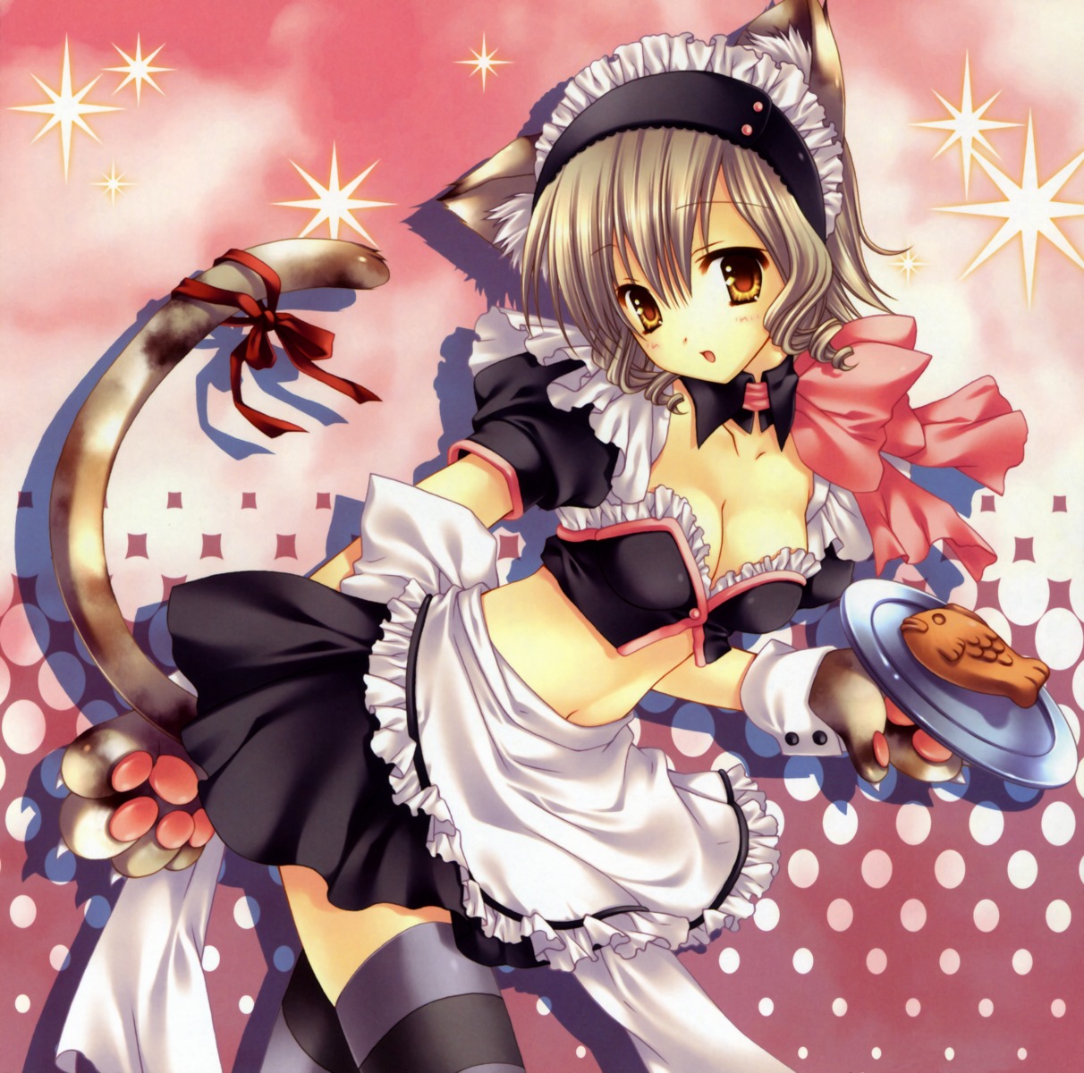 animal_ears aquarian_age cleavage nekomimi tail tatekawa_mako thighhighs waitress