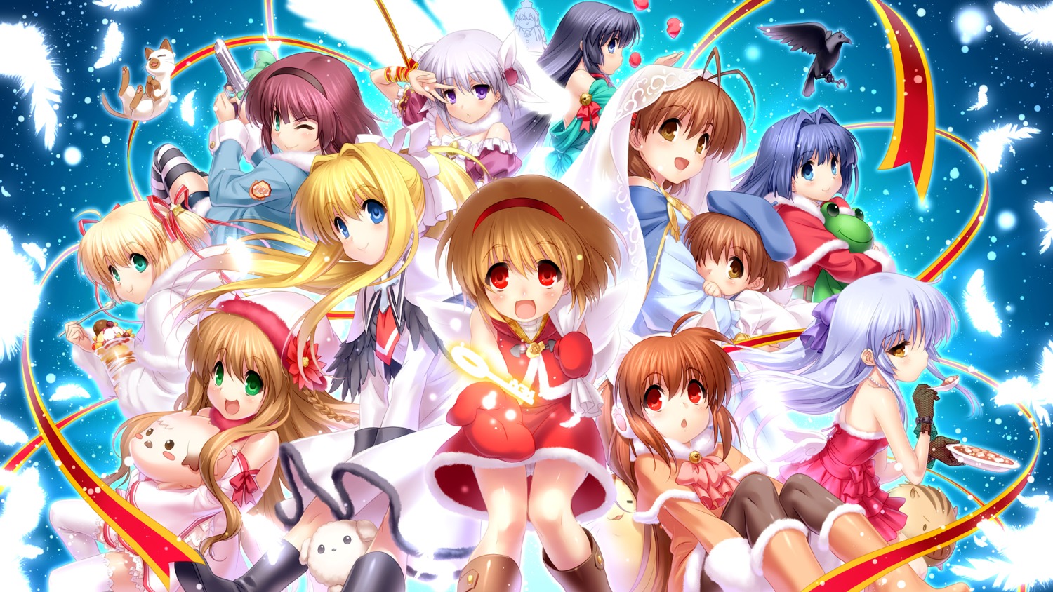 air angel_beats! botan_(clannad) christmas clannad crossover dress furukawa_nagisa gun kagari_(rewrite) kamikita_komari kamio_misuzu kanbe_kotori kannabi_no_mikoto kanon minase_nayuki nakamura_yuri natsume_rin neko okazaki_ushio pantsu pantyhose rewrite seifuku tachibana_kanade thighhighs tsukimiya_ayu wallpaper zen