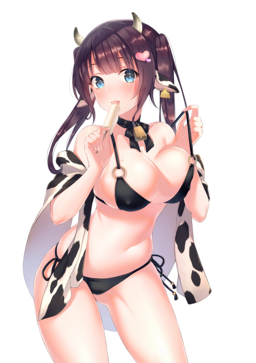 animal_ears bikini breast_hold cleavage erect_nipples horns open_shirt suiheisen swimsuits undressing