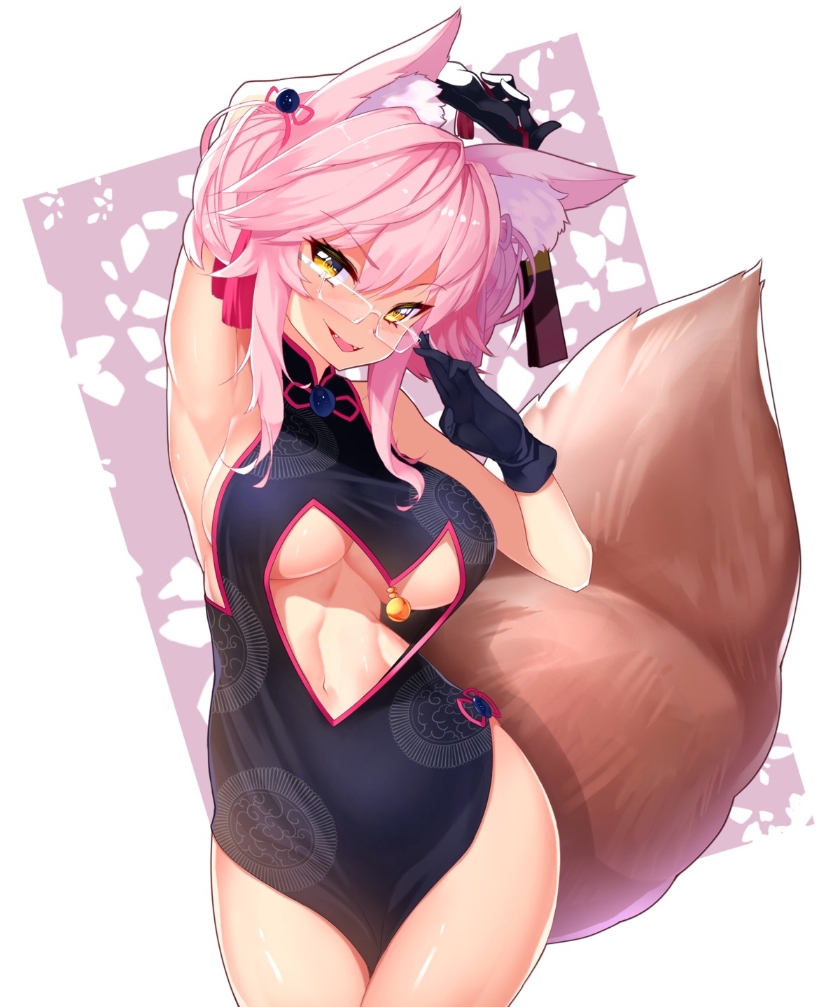 animal_ears chinadress fate/grand_order megane no_bra ratio tail tamamo_vitch_koyanskaya underboob