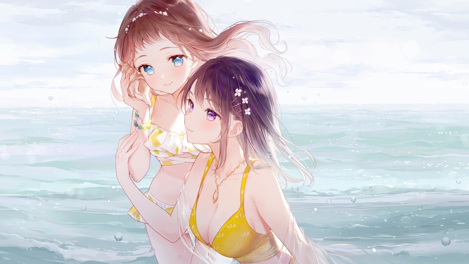 bikini gomzi open_shirt see_through swimsuits wallpaper yuri