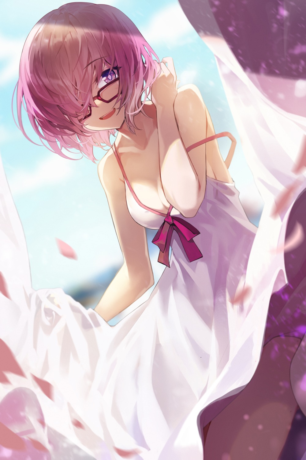 cleavage dress fate/grand_order goomrrat mash_kyrielight megane no_bra skirt_lift summer_dress