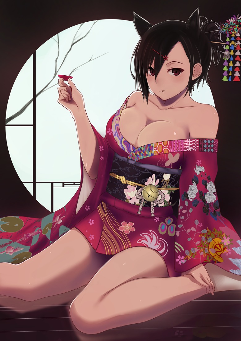 animal_ears cleavage hareno_chiame yukata