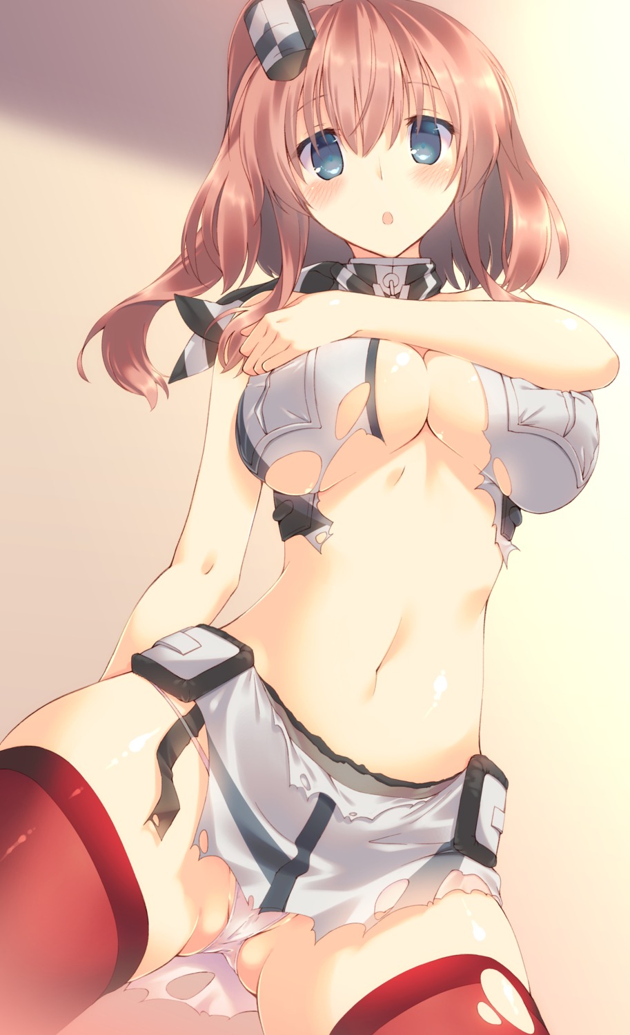 breast_hold cleavage kantai_collection mutsuno_hekisa no_bra pantsu saratoga_(kancolle) thighhighs torn_clothes underboob