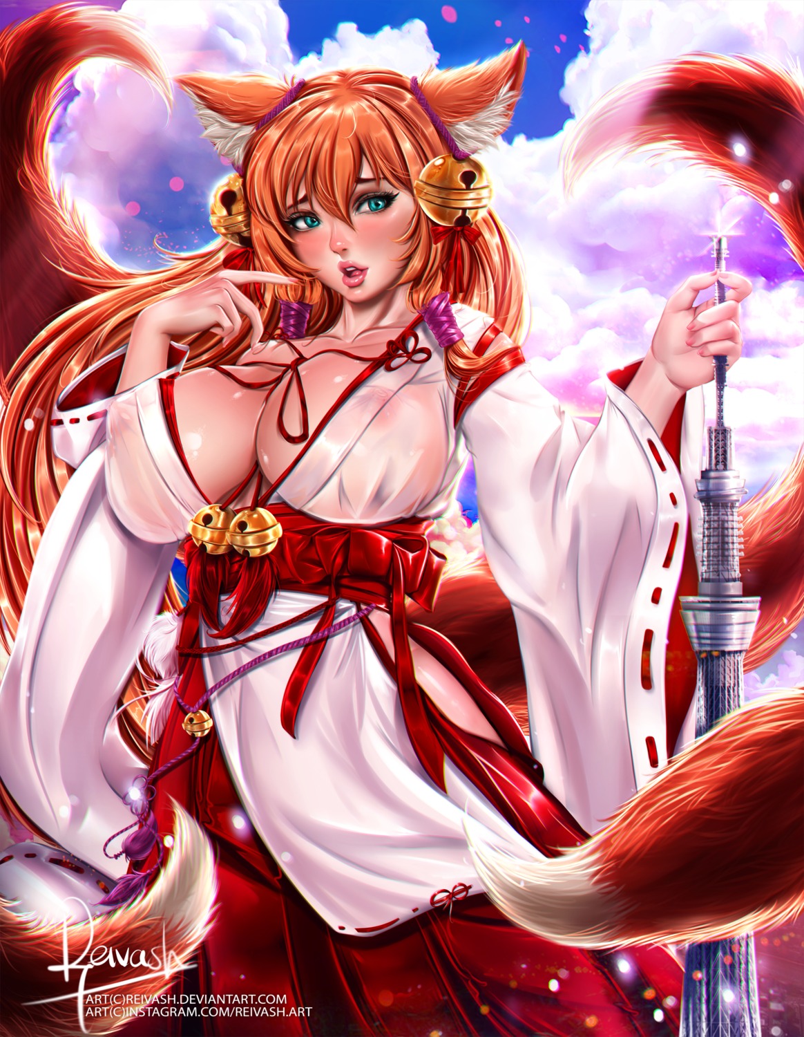 animal_ears cysh kitsune miko nipples no_bra open_shirt reivash see_through tail