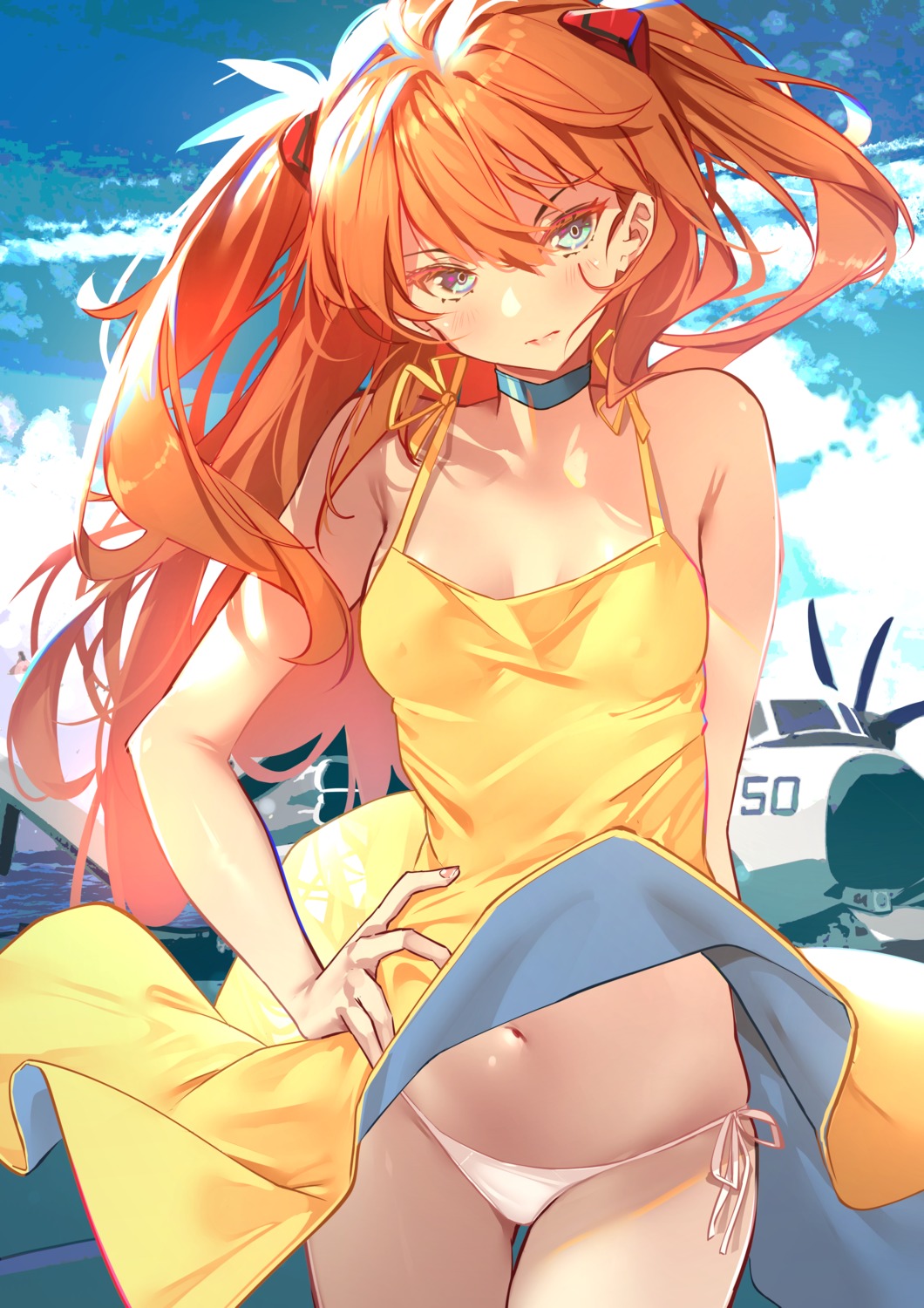 cleavage dress neon_genesis_evangelion no_bra pantsu skirt_lift souryuu_asuka_langley string_panties summer_dress sydus