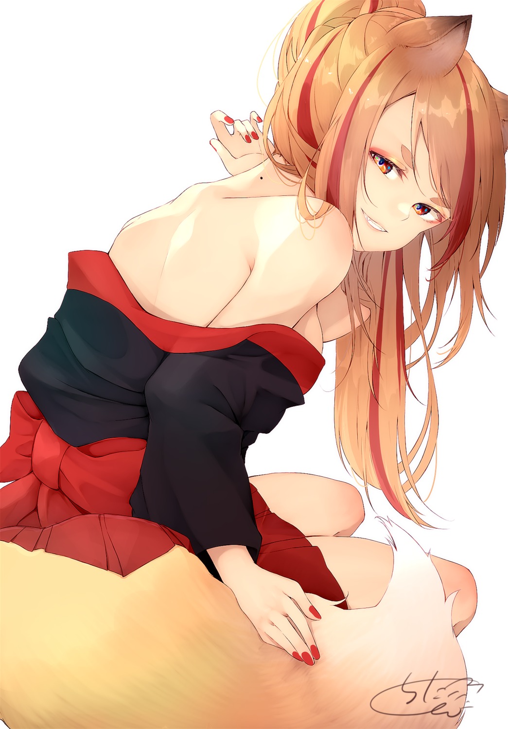 animal_ears chita_(ketchup) japanese_clothes kitsune no_bra open_shirt skirt_lift tail